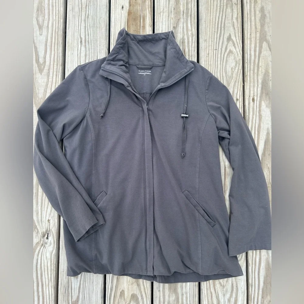 EILEEN FISHER Jacket L Organic Cotton Jersey Longline Hoodie Full Zip‎ Gray USA